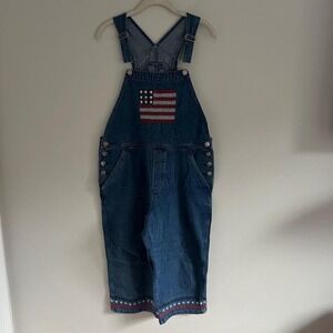 VINTAGE DENIM CROPPED‎ AMERICAN FLAG CAPRI OVERALLS